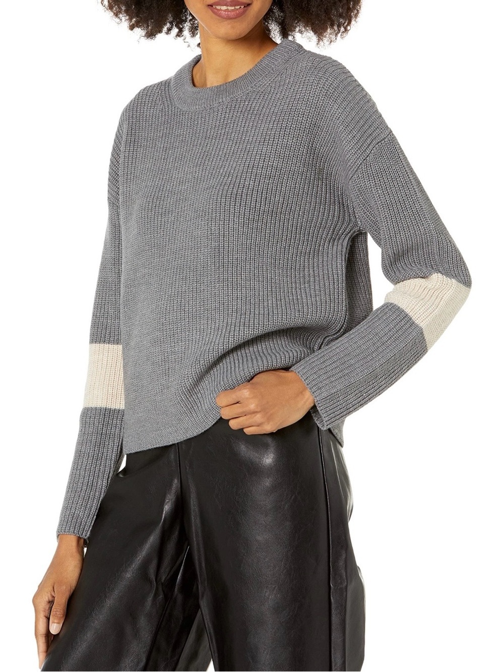 Velvet by Graham & Spencer Gray Crewneck Sweater with Cream Sleeve Bands 0365